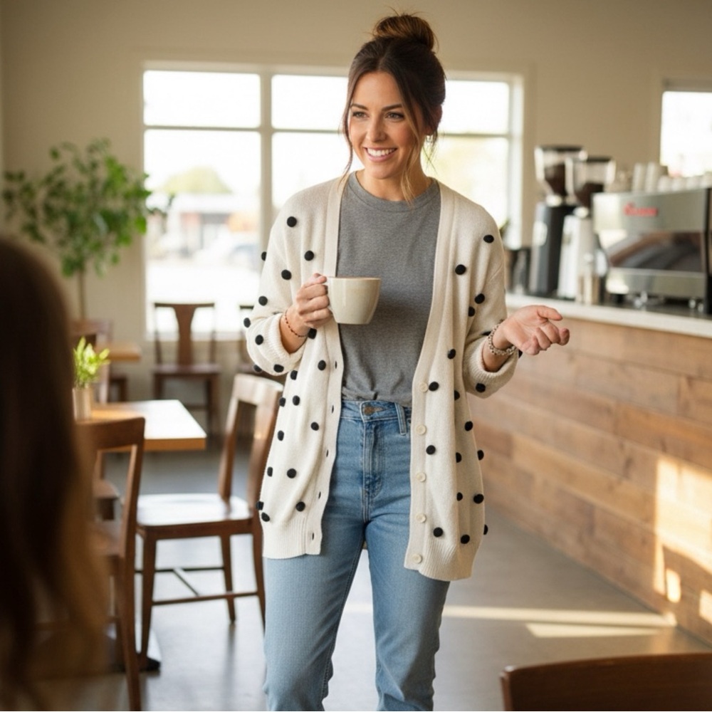 THE GREAT. Cream Cardigan with Black Polka Dots